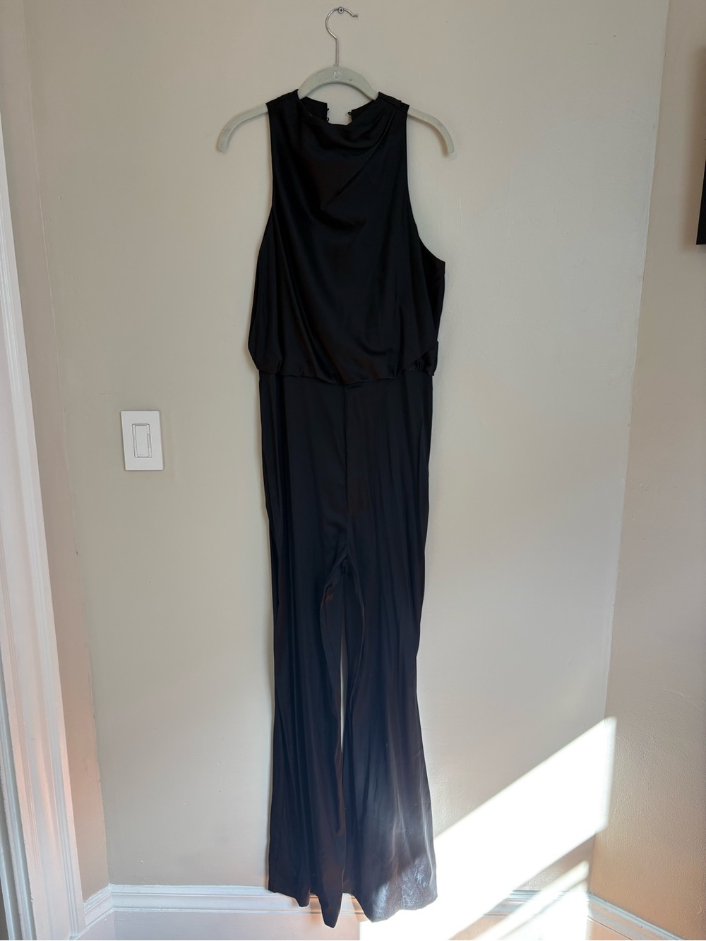 Abercrombie Black Satin Wide Leg Jumpsuit Size L Wedding Guest